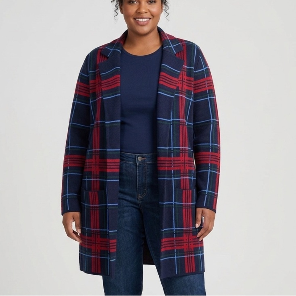 Talbots Pure Merino Wool Coatigan Cabin Plaid Academia Open Front Woman’s SZ 1X
